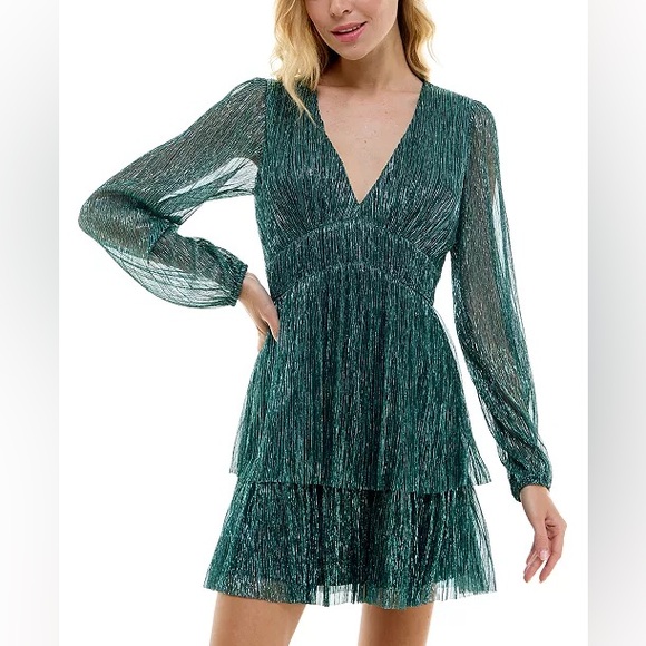 Trixxi Dresses & Skirts - Trixxi Metallic Green Long Sleeve Tiered Mini Dress